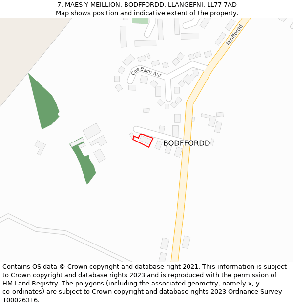 7, MAES Y MEILLION, BODFFORDD, LLANGEFNI, LL77 7AD: Location map and indicative extent of plot