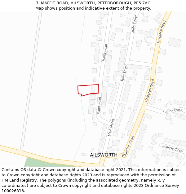 7, MAFFIT ROAD, AILSWORTH, PETERBOROUGH, PE5 7AG: Location map and indicative extent of plot
