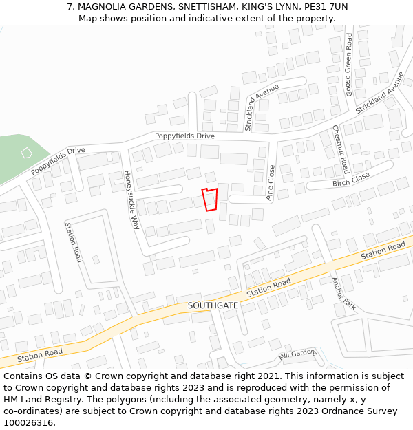 7, MAGNOLIA GARDENS, SNETTISHAM, KING'S LYNN, PE31 7UN: Location map and indicative extent of plot