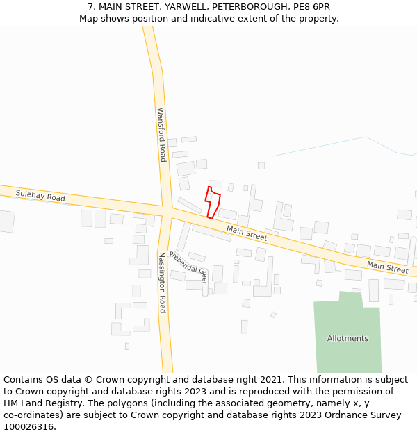 7, MAIN STREET, YARWELL, PETERBOROUGH, PE8 6PR: Location map and indicative extent of plot