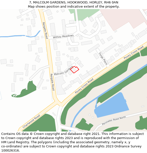 7, MALCOLM GARDENS, HOOKWOOD, HORLEY, RH6 0AN: Location map and indicative extent of plot