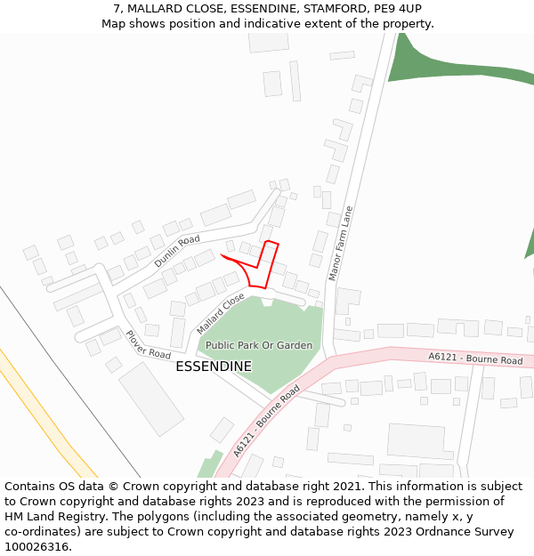 7, MALLARD CLOSE, ESSENDINE, STAMFORD, PE9 4UP: Location map and indicative extent of plot