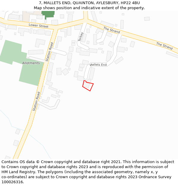 7, MALLETS END, QUAINTON, AYLESBURY, HP22 4BU: Location map and indicative extent of plot