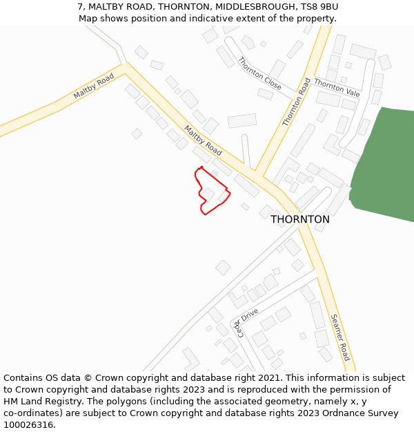 7, MALTBY ROAD, THORNTON, MIDDLESBROUGH, TS8 9BU: Location map and indicative extent of plot
