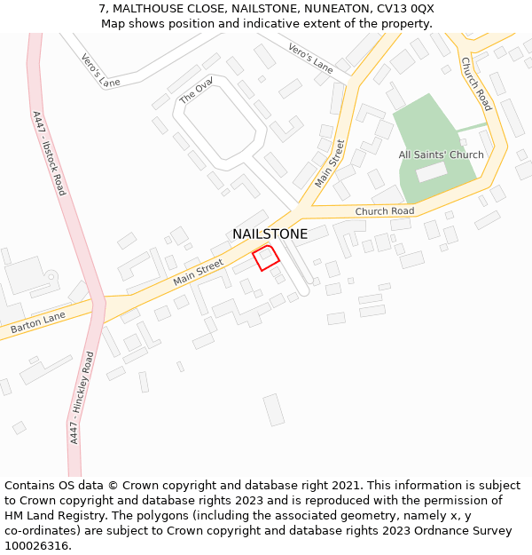 7, MALTHOUSE CLOSE, NAILSTONE, NUNEATON, CV13 0QX: Location map and indicative extent of plot