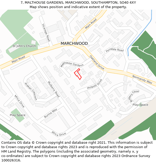 7, MALTHOUSE GARDENS, MARCHWOOD, SOUTHAMPTON, SO40 4XY: Location map and indicative extent of plot