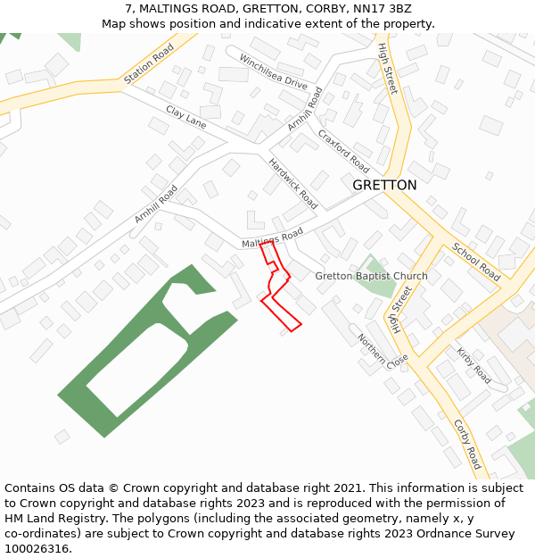 7, MALTINGS ROAD, GRETTON, CORBY, NN17 3BZ: Location map and indicative extent of plot