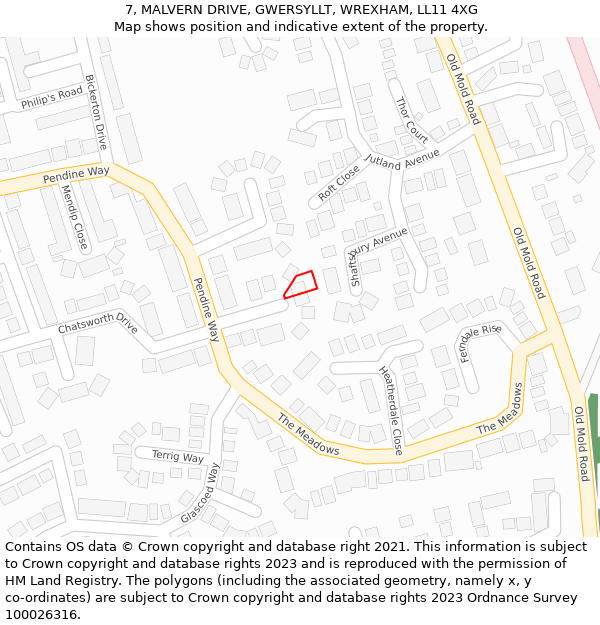 7, MALVERN DRIVE, GWERSYLLT, WREXHAM, LL11 4XG: Location map and indicative extent of plot