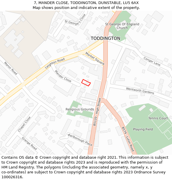 7, MANDER CLOSE, TODDINGTON, DUNSTABLE, LU5 6AX: Location map and indicative extent of plot