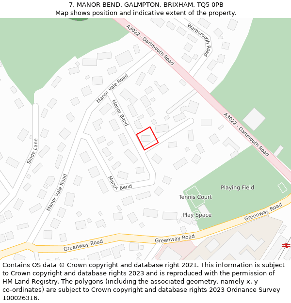 7, MANOR BEND, GALMPTON, BRIXHAM, TQ5 0PB: Location map and indicative extent of plot