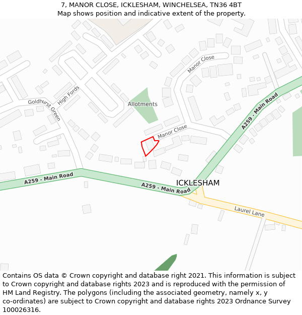 7, MANOR CLOSE, ICKLESHAM, WINCHELSEA, TN36 4BT: Location map and indicative extent of plot