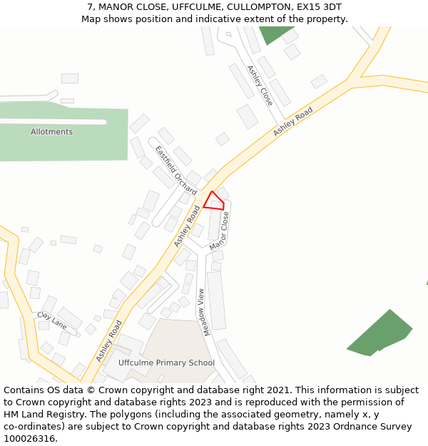 7, MANOR CLOSE, UFFCULME, CULLOMPTON, EX15 3DT: Location map and indicative extent of plot