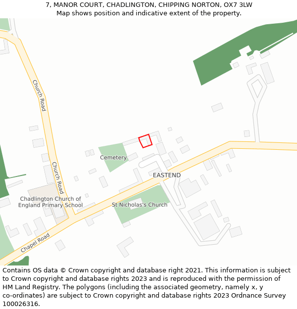 7, MANOR COURT, CHADLINGTON, CHIPPING NORTON, OX7 3LW: Location map and indicative extent of plot
