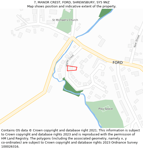 7, MANOR CREST, FORD, SHREWSBURY, SY5 9NZ: Location map and indicative extent of plot