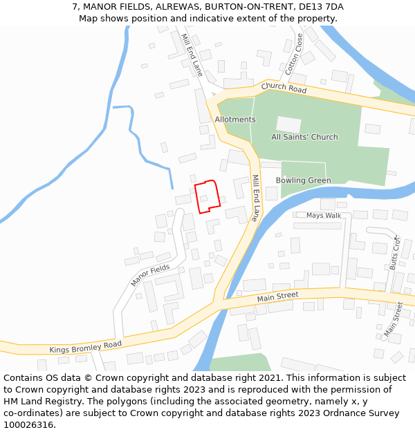 7, MANOR FIELDS, ALREWAS, BURTON-ON-TRENT, DE13 7DA: Location map and indicative extent of plot