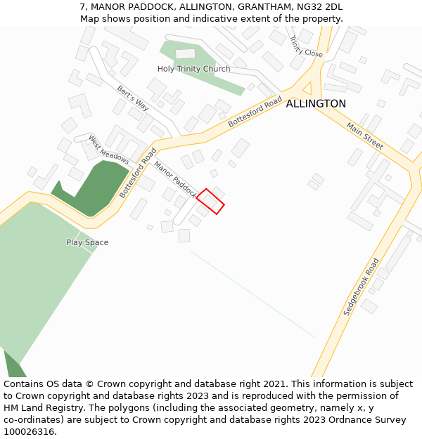 7, MANOR PADDOCK, ALLINGTON, GRANTHAM, NG32 2DL: Location map and indicative extent of plot