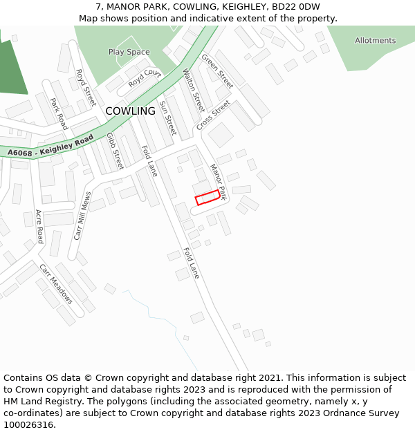 7, MANOR PARK, COWLING, KEIGHLEY, BD22 0DW: Location map and indicative extent of plot