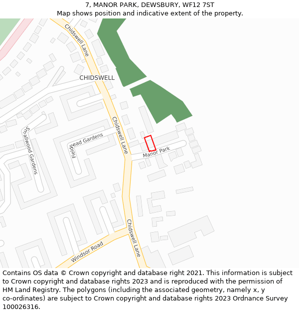 7, MANOR PARK, DEWSBURY, WF12 7ST: Location map and indicative extent of plot