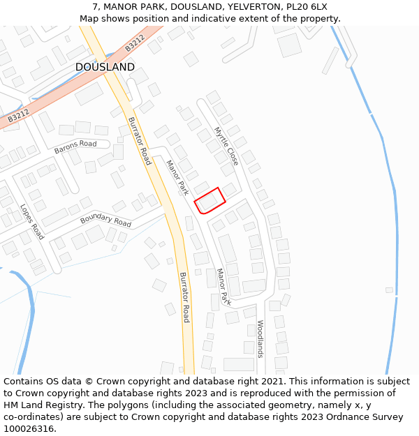 7, MANOR PARK, DOUSLAND, YELVERTON, PL20 6LX: Location map and indicative extent of plot