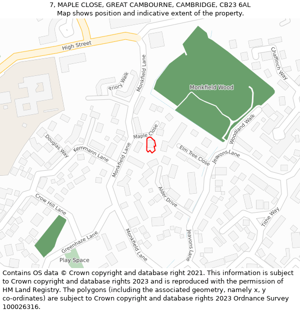 7, MAPLE CLOSE, GREAT CAMBOURNE, CAMBRIDGE, CB23 6AL: Location map and indicative extent of plot