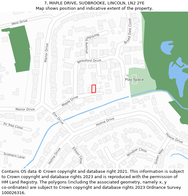 7, MAPLE DRIVE, SUDBROOKE, LINCOLN, LN2 2YE: Location map and indicative extent of plot