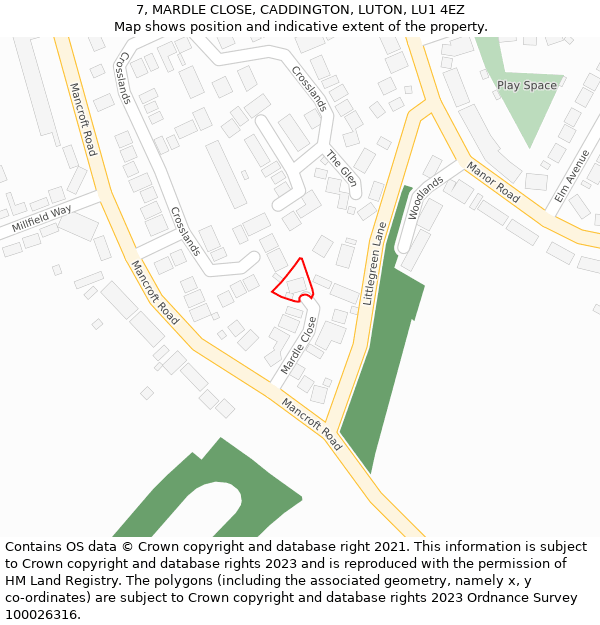 7, MARDLE CLOSE, CADDINGTON, LUTON, LU1 4EZ: Location map and indicative extent of plot