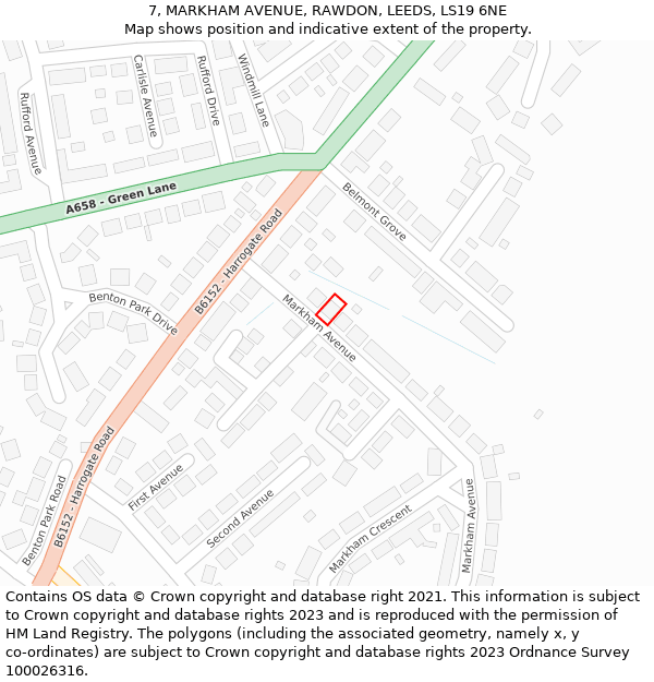 7, MARKHAM AVENUE, RAWDON, LEEDS, LS19 6NE: Location map and indicative extent of plot