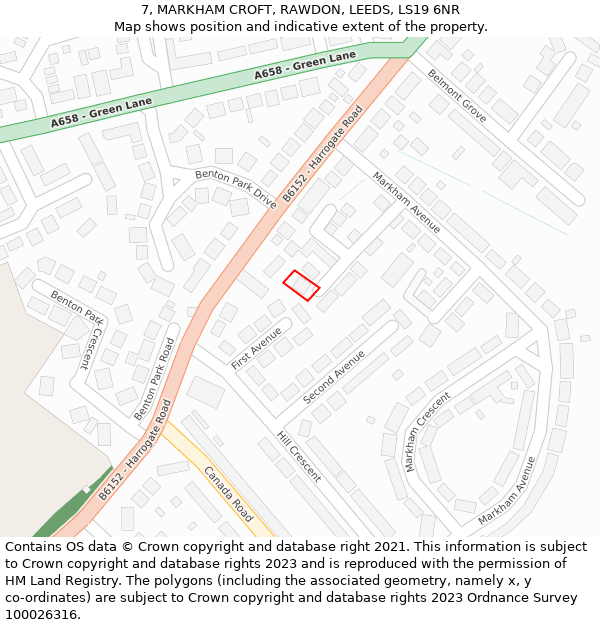 7, MARKHAM CROFT, RAWDON, LEEDS, LS19 6NR: Location map and indicative extent of plot