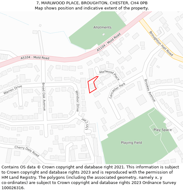 7, MARLWOOD PLACE, BROUGHTON, CHESTER, CH4 0PB: Location map and indicative extent of plot