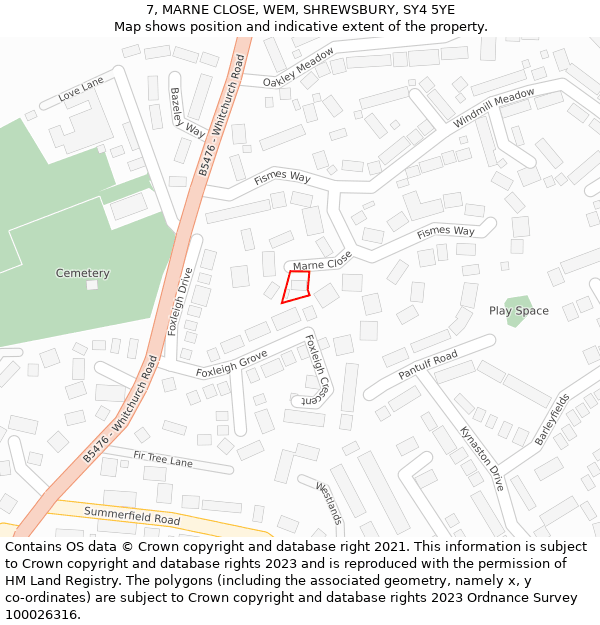 7, MARNE CLOSE, WEM, SHREWSBURY, SY4 5YE: Location map and indicative extent of plot