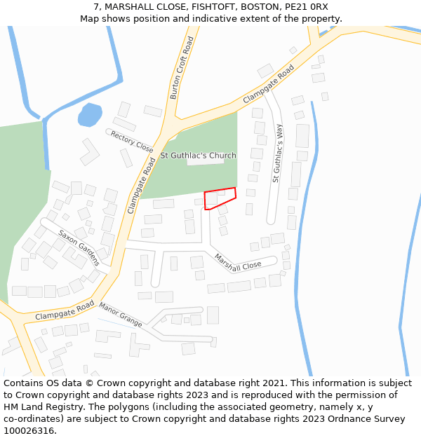 7, MARSHALL CLOSE, FISHTOFT, BOSTON, PE21 0RX: Location map and indicative extent of plot