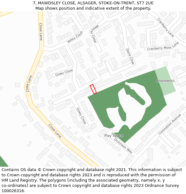 7, MAWDSLEY CLOSE, ALSAGER, STOKE-ON-TRENT, ST7 2UE: Location map and indicative extent of plot