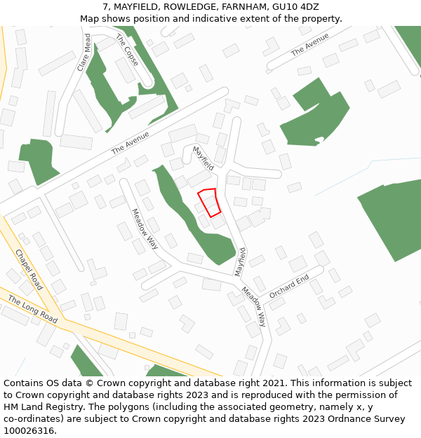 7, MAYFIELD, ROWLEDGE, FARNHAM, GU10 4DZ: Location map and indicative extent of plot