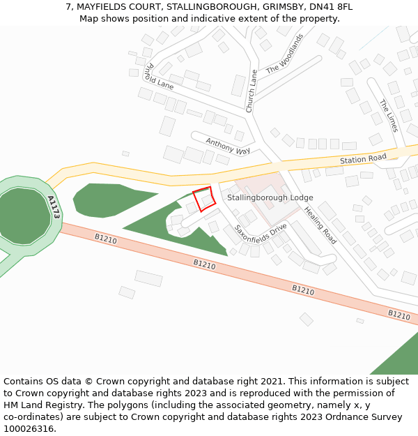 7, MAYFIELDS COURT, STALLINGBOROUGH, GRIMSBY, DN41 8FL: Location map and indicative extent of plot