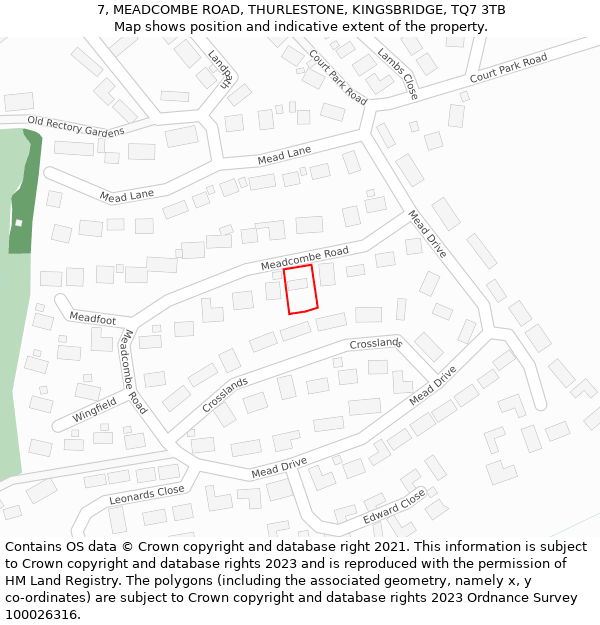 7, MEADCOMBE ROAD, THURLESTONE, KINGSBRIDGE, TQ7 3TB: Location map and indicative extent of plot