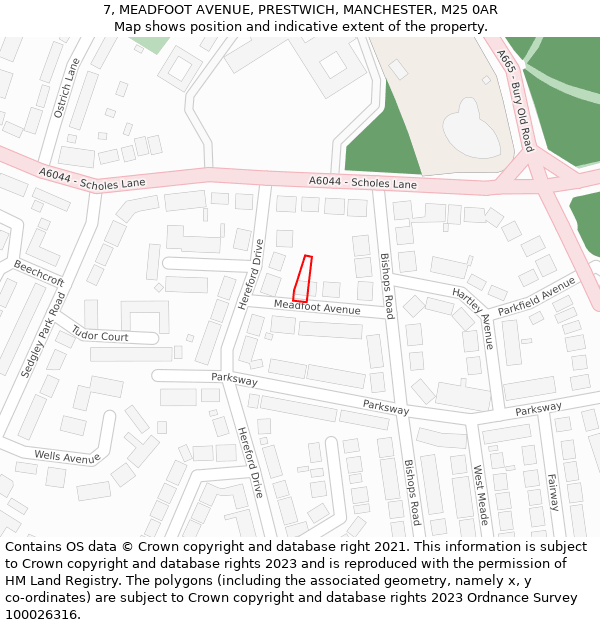 7, MEADFOOT AVENUE, PRESTWICH, MANCHESTER, M25 0AR: Location map and indicative extent of plot