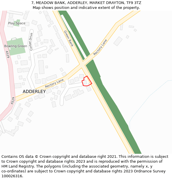 7, MEADOW BANK, ADDERLEY, MARKET DRAYTON, TF9 3TZ: Location map and indicative extent of plot