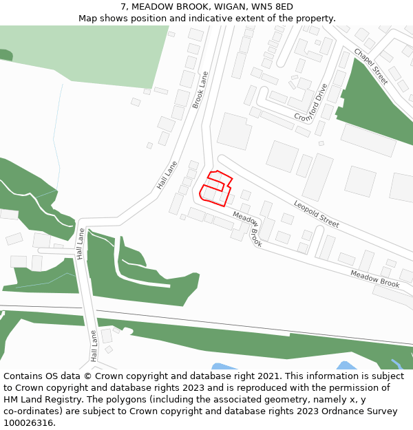 7, MEADOW BROOK, WIGAN, WN5 8ED: Location map and indicative extent of plot