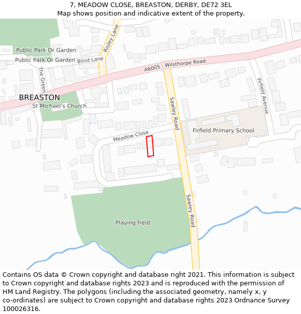 7, MEADOW CLOSE, BREASTON, DERBY, DE72 3EL: Location map and indicative extent of plot