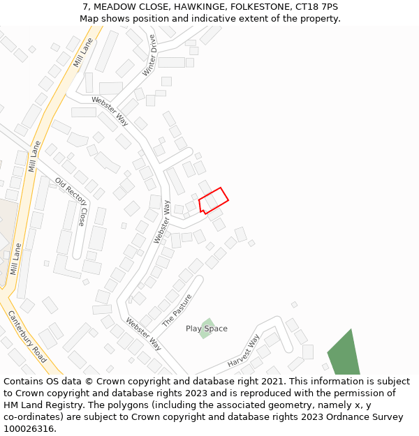 7, MEADOW CLOSE, HAWKINGE, FOLKESTONE, CT18 7PS: Location map and indicative extent of plot