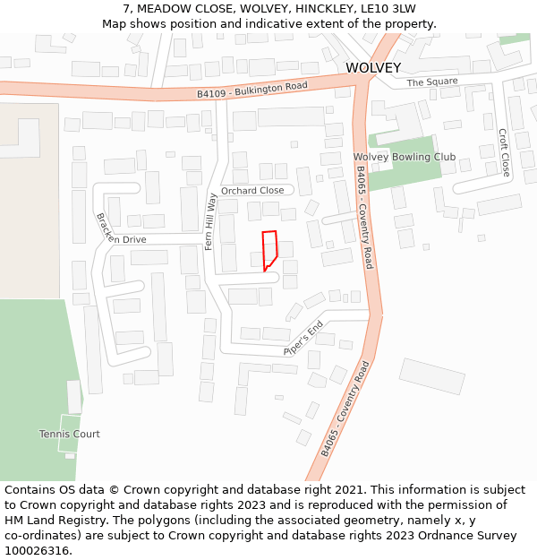 7, MEADOW CLOSE, WOLVEY, HINCKLEY, LE10 3LW: Location map and indicative extent of plot