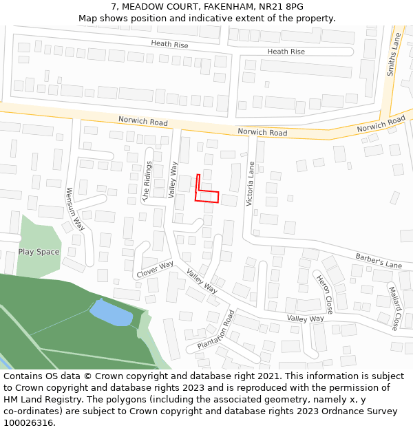 7, MEADOW COURT, FAKENHAM, NR21 8PG: Location map and indicative extent of plot