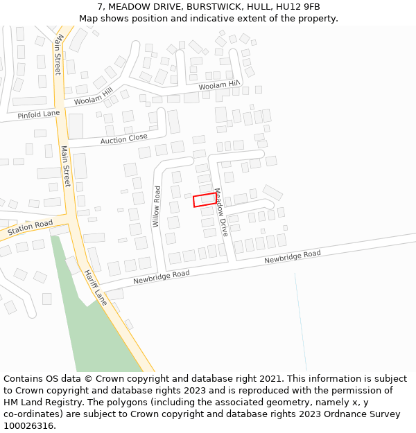 7, MEADOW DRIVE, BURSTWICK, HULL, HU12 9FB: Location map and indicative extent of plot