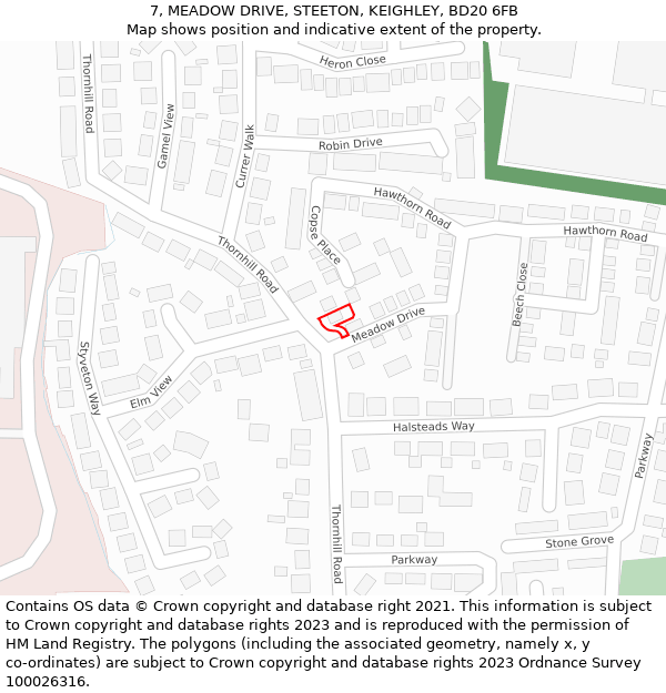 7, MEADOW DRIVE, STEETON, KEIGHLEY, BD20 6FB: Location map and indicative extent of plot