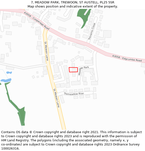 7, MEADOW PARK, TREWOON, ST AUSTELL, PL25 5SR: Location map and indicative extent of plot