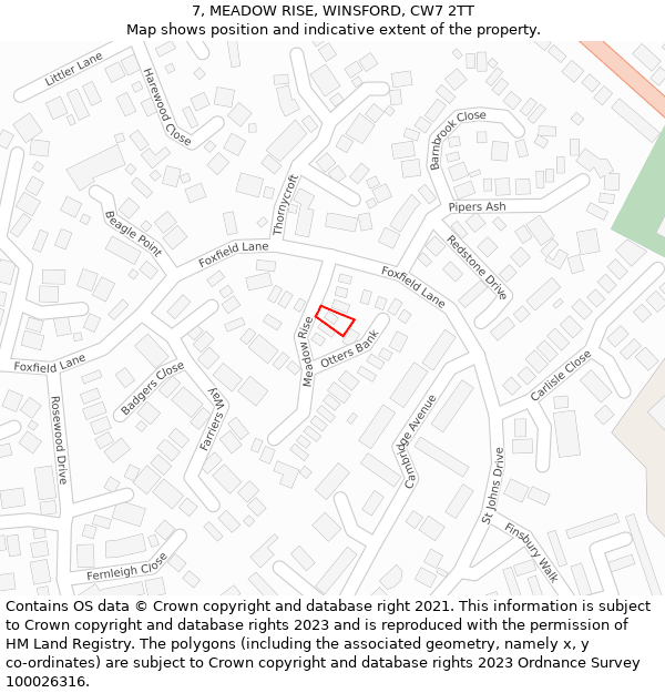 7, MEADOW RISE, WINSFORD, CW7 2TT: Location map and indicative extent of plot