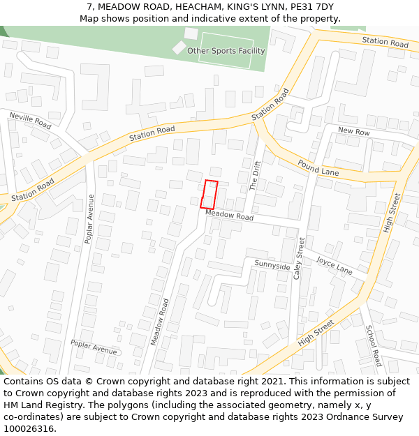 7, MEADOW ROAD, HEACHAM, KING'S LYNN, PE31 7DY: Location map and indicative extent of plot