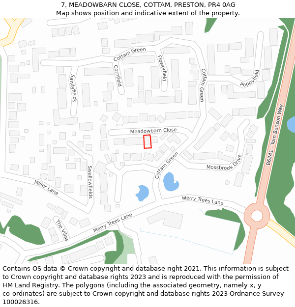 7, MEADOWBARN CLOSE, COTTAM, PRESTON, PR4 0AG: Location map and indicative extent of plot