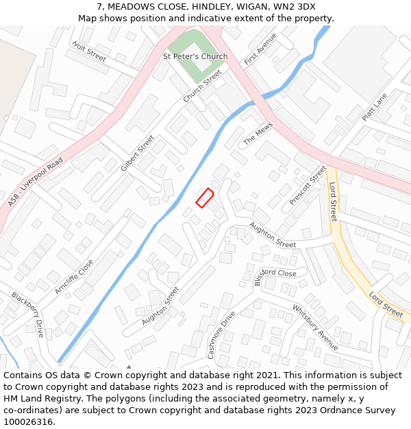 7, MEADOWS CLOSE, HINDLEY, WIGAN, WN2 3DX: Location map and indicative extent of plot