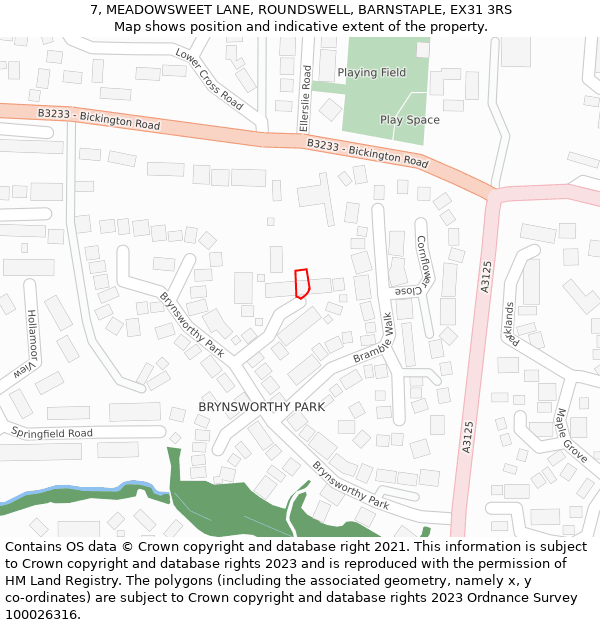 7, MEADOWSWEET LANE, ROUNDSWELL, BARNSTAPLE, EX31 3RS: Location map and indicative extent of plot